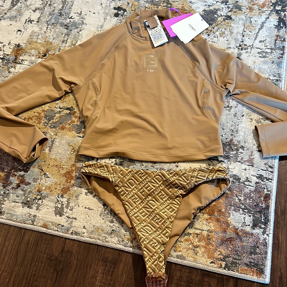 Fendi x Skims Tan Nude Brown Long Sleeve TwoPiece Swimsuit Bikini Set authentic